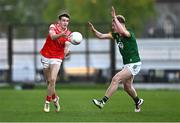 30 April 2025; Tadgh McDonell of Louth in action against Zach Thornton of Meath during the Dalata Hotel Group Leinster GAA Football U20 Championship final match between Meath and Louth at Cedral St Conleth’s Park in Newbridge, Kildare. Photo by Seb Daly/Sportsfile