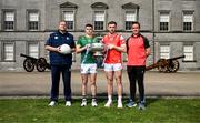 1 May 2025; Meath manager Robbie Brennan and captain Eoghan Frayne, left, with Louth captain Sam Mulroy and manager Ger Brennan, right, at Oldbridge House, Battle of the Boyne Visitor Centre in Drogheda, Meath during a media event for the 2025 Leinster GAA Senior Football Championship Final between Louth and Meath which will take place on Sunday 11th of May in Croke Park, Dublin. Photo by Stephen McCarthy/Sportsfile