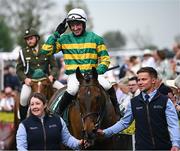 1 May 2025; Richard Philip McLernon celebrates on Petit Tonnerre after winning the Frontline Security Handicap Steeplechase during day three of the Punchestown Festival at Punchestown Racecourse in Kildare. Photo by Seb Daly/Sportsfile
