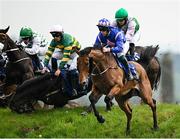 1 May 2025; Busselton, with JJ Slevin, up, right, jumps Ruby's Double on their way to winning the Mongey Communications La Touche Cup Cross Country Steeplechase during day three of the Punchestown Festival at Punchestown Racecourse in Kildare. Photo by Seb Daly/Sportsfile