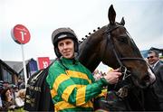 1 May 2025; Jockey Mark Walsh celebrates with Majborough after winning the Barberstown Castle Novice Steeplechase during day three of the Punchestown Festival at Punchestown Racecourse in Kildare. Photo by Seb Daly/Sportsfile
