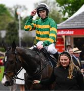 1 May 2025; Jockey Mark Walsh celebrates on Majborough after winning the Barberstown Castle Novice Steeplechase during day three of the Punchestown Festival at Punchestown Racecourse in Kildare. Photo by Seb Daly/Sportsfile