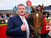 1 May 2025; Trainer Gordon Elliott celebrates with Teahupoo after winning the Ladbrokes Champion Stayers Hurdle during day three of the Punchestown Festival at Punchestown Racecourse in Kildare. Photo by Seb Daly/Sportsfile