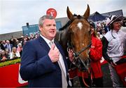 1 May 2025; Trainer Gordon Elliott celebrates with Teahupoo after winning the Ladbrokes Champion Stayers Hurdle during day three of the Punchestown Festival at Punchestown Racecourse in Kildare. Photo by Seb Daly/Sportsfile