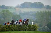1 May 2025; Runners and riders jump St Brigids Pass during the Mongey Communications La Touche Cup Cross Country Steeplechase on day three of the Punchestown Festival at Punchestown Racecourse in Kildare. Photo by Seb Daly/Sportsfile