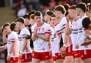 30 April 2025; Eoin McElholm of Tyrone speaking to team-mates before the Dalata Hotel Group Ulster GAA Football U20 Championship final match between Donegal and Tyrone at Owenbeg Derry GAA Centre in Dungiven, Derry. Photo by Piaras Ó Mídheach/Sportsfile