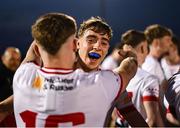 30 April 2025; Tyrone players Conor O'Neill, behind, and Liam Óg Mossey celebrate after their side's victory in  the Dalata Hotel Group Ulster GAA Football U20 Championship final match between Donegal and Tyrone at Owenbeg Derry GAA Centre in Dungiven, Derry. Photo by Piaras Ó Mídheach/Sportsfile
