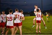 30 April 2025; Tyrone players Liam Óg Mossey and Noah Grimes, 13, celebrate after their side's victory in the Dalata Hotel Group Ulster GAA Football U20 Championship final match between Donegal and Tyrone at Owenbeg Derry GAA Centre in Dungiven, Derry. Photo by Piaras Ó Mídheach/Sportsfile