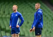 2 May 2025; Sam Prendergast, right, and Ciarán Frawley during a Leinster Rugby captain's run at the Aviva Stadium in Dublin. Photo by David Fitzgerald/Sportsfile
