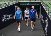2 May 2025; Caelan Doris, Joe McCarthy and RG Snyman during a Leinster Rugby captain's run at the Aviva Stadium in Dublin. Photo by David Fitzgerald/Sportsfile