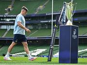2 May 2025; Dan Sheehan walks past the champions cup during a Leinster Rugby captain's run at the Aviva Stadium in Dublin. Photo by David Fitzgerald/Sportsfile