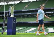 2 May 2025; Dan Sheehan walks past the champions cup during a Leinster Rugby captain's run at the Aviva Stadium in Dublin. Photo by David Fitzgerald/Sportsfile