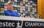 2 May 2025; Head coach Leo Cullen during press conference after a Leinster Rugby captain's run at the Aviva Stadium in Dublin. Photo by David Fitzgerald/Sportsfile