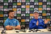 2 May 2025; Head coach Leo Cullen and captain Caelan Doris during press conference after a Leinster Rugby captain's run at the Aviva Stadium in Dublin. Photo by David Fitzgerald/Sportsfile