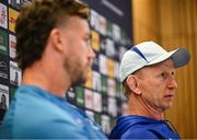 2 May 2025; Head coach Leo Cullen and captain Caelan Doris during press conference after a Leinster Rugby captain's run at the Aviva Stadium in Dublin. Photo by David Fitzgerald/Sportsfile