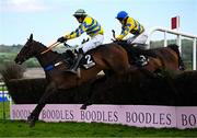 2 May 2025; Fountain House, left, with Eoin Mahon up, jumps the last on their way to winning the Stanley Asphalt Hunters Steeplechase for the Bishopscourt Cup, from eventual third place Eyes Off Annie, right, with Maxine O'Sullivan up, on day four of the Punchestown Festival at Punchestown Racecourse in Kildare. Photo by Seb Daly/Sportsfile