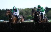 2 May 2025; Sea Music, left, with Donagh Meyler up, jumps the last on their way to winning the QuinnBet Novice Handicap Steeplechase, from eventual second place Blizzard Of Oz, right, with JJ Slevin up, on day four of the Punchestown Festival at Punchestown Racecourse in Kildare. Photo by Seb Daly/Sportsfile
