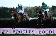2 May 2025; Sea Music, left, with Donagh Meyler up, jumps the last on their way to winning the QuinnBet Novice Handicap Steeplechase, from eventual second place Blizzard Of Oz, right, with JJ Slevin up, on day four of the Punchestown Festival at Punchestown Racecourse in Kildare. Photo by Seb Daly/Sportsfile