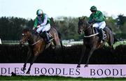 2 May 2025; Sea Music, left, with Donagh Meyler up, jumps the last on their way to winning the QuinnBet Novice Handicap Steeplechase, from eventual second place Blizzard Of Oz, right, with JJ Slevin up, on day four of the Punchestown Festival at Punchestown Racecourse in Kildare. Photo by Seb Daly/Sportsfile