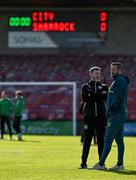 2 May 2025; Shamrock Rovers manager Stephen Bradley, left, and Cork City manager Tim Clancy before the SSE Airtricity Men's Premier Division match between Cork City and Shamrock Rovers at Turner's Cross in Cork. Photo by Brendan Moran/Sportsfile
