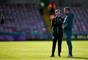2 May 2025; Shamrock Rovers manager Stephen Bradley, left, and Cork City manager Tim Clancy before the SSE Airtricity Men's Premier Division match between Cork City and Shamrock Rovers at Turner's Cross in Cork. Photo by Brendan Moran/Sportsfile