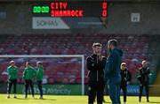 2 May 2025; Shamrock Rovers manager Stephen Bradley, left, and Cork City manager Tim Clancy before the SSE Airtricity Men's Premier Division match between Cork City and Shamrock Rovers at Turner's Cross in Cork. Photo by Brendan Moran/Sportsfile