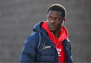 2 May 2025; Mipo Odubeko of Shelbourne arrives for the SSE Airtricity Men's Premier Division match between Derry City and Shelbourne at The Ryan McBride Brandywell Stadium in Derry. Photo by Stephen McCarthy/Sportsfile