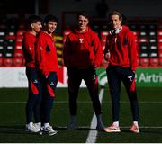 2 May 2025; Shelbourne's Harry Wood gives a thumbs up, with team-mates, from left, Ryan O'Kane, Ali Coote and Lorcan Healy before the SSE Airtricity Men's Premier Division match between Derry City and Shelbourne at The Ryan McBride Brandywell Stadium in Derry. Photo by Stephen McCarthy/Sportsfile