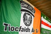 2 May 2025; A Cork City flag hangs in the terrace before the SSE Airtricity Men's Premier Division match between Cork City and Shamrock Rovers at Turner's Cross in Cork. Photo by Brendan Moran/Sportsfile