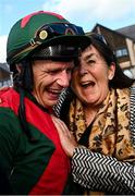 2 May 2025; Owner Prof Caroline Tisdall and jockey Paul Townend celebrates after winning the Alanna Homes Champion Novice Hurdle with Final Demand on day four of the Punchestown Festival at Punchestown Racecourse in Kildare. Photo by Seb Daly/Sportsfile