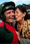 2 May 2025; Owner Prof Caroline Tisdall and jockey Paul Townend celebrates after winning the Alanna Homes Champion Novice Hurdle with Final Demand on day four of the Punchestown Festival at Punchestown Racecourse in Kildare. Photo by Seb Daly/Sportsfile