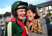 2 May 2025; Owner Prof Caroline Tisdall and jockey Paul Townend celebrates after winning the Alanna Homes Champion Novice Hurdle with Final Demand on day four of the Punchestown Festival at Punchestown Racecourse in Kildare. Photo by Seb Daly/Sportsfile