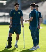 2 May 2025; Injured Cork City player Benny Couto, left, before the SSE Airtricity Men's Premier Division match between Cork City and Shamrock Rovers at Turner's Cross in Cork. Photo by Brendan Moran/Sportsfile