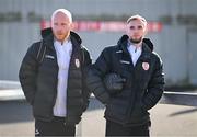 2 May 2025; Liam Boyce, left, and Carl Winchester of Derry City arrive for the SSE Airtricity Men's Premier Division match between Derry City and Shelbourne at The Ryan McBride Brandywell Stadium in Derry. Photo by Stephen McCarthy/Sportsfile