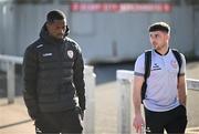 2 May 2025; Sadou Diallo, left, and Adam O'Reilly of Derry City arrive for the SSE Airtricity Men's Premier Division match between Derry City and Shelbourne at The Ryan McBride Brandywell Stadium in Derry. Photo by Stephen McCarthy/Sportsfile
