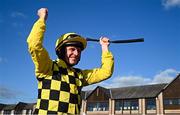 2 May 2025; Jockey Paul Townend celebrates after winning the Boodles Champion Hurdle on State Man on day four of the Punchestown Festival at Punchestown Racecourse in Kildare. Photo by Seb Daly/Sportsfile