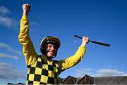 2 May 2025; Jockey Paul Townend celebrates after winning the Boodles Champion Hurdle on State Man on day four of the Punchestown Festival at Punchestown Racecourse in Kildare. Photo by Seb Daly/Sportsfile