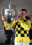 2 May 2025; Jockey Paul Townend with the trophy after winning the Boodles Champion Hurdle on State Man on day four of the Punchestown Festival at Punchestown Racecourse in Kildare. Photo by Seb Daly/Sportsfile