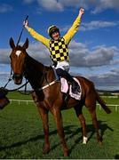 2 May 2025; Jockey Paul Townend celebrates on State Man after winning the Boodles Champion Hurdle on day four of the Punchestown Festival at Punchestown Racecourse in Kildare. Photo by Seb Daly/Sportsfile