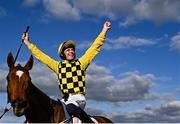 2 May 2025; Jockey Paul Townend celebrates on State Man after winning the Boodles Champion Hurdle on day four of the Punchestown Festival at Punchestown Racecourse in Kildare. Photo by Seb Daly/Sportsfile