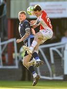 2 May 2025; Stephen Walsh of Galway United in action against Axel Sjoberg of St Patrick's Athletic during the SSE Airtricity Men's Premier Division match between St Patrick's Athletic and Galway United at Richmond Park in Dublin. Photo by David Fitzgerald/Sportsfile