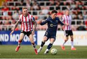2 May 2025; Ali Coote of Shelbourne in action against Carl Winchester of Derry City during the SSE Airtricity Men's Premier Division match between Derry City and Shelbourne at The Ryan McBride Brandywell Stadium in Derry. Photo by Stephen McCarthy/Sportsfile