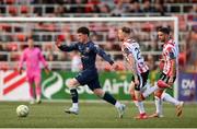 2 May 2025; Ali Coote of Shelbourne in action against Carl Winchester of Derry City during the SSE Airtricity Men's Premier Division match between Derry City and Shelbourne at The Ryan McBride Brandywell Stadium in Derry. Photo by Stephen McCarthy/Sportsfile