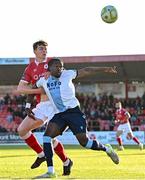 2 May 2025; Thomas Oluwa of Drogheda United in action against Gareth McElroy of Sligo Rovers during the SSE Airtricity Men's Premier Division match between Sligo Rovers and Drogheda United at The Showgrounds in Sligo. Photo by Piaras Ó Mídheach/Sportsfile