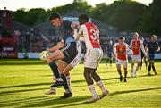 2 May 2025; Patrick Hickey of Galway United in action against Al-Amin Kazeem of St Patrick's Athletic during the SSE Airtricity Men's Premier Division match between St Patrick's Athletic and Galway United at Richmond Park in Dublin. Photo by David Fitzgerald/Sportsfile