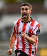 2 May 2025; Michael Duffy of Derry City celebrates after scoring his side's first goal during the SSE Airtricity Men's Premier Division match between Derry City and Shelbourne at The Ryan McBride Brandywell Stadium in Derry. Photo by Stephen McCarthy/Sportsfile