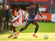 2 May 2025; Jeannot Esua of Galway United in action against Al-Amin Kazeem of St Patrick's Athletic during the SSE Airtricity Men's Premier Division match between St Patrick's Athletic and Galway United at Richmond Park in Dublin. Photo by David Fitzgerald/Sportsfile