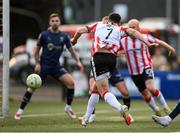 2 May 2025; Michael Duffy of Derry City scores his side's first goal during the SSE Airtricity Men's Premier Division match between Derry City and Shelbourne at The Ryan McBride Brandywell Stadium in Derry. Photo by Stephen McCarthy/Sportsfile
