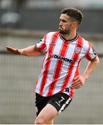 2 May 2025; Michael Duffy of Derry City celebrates after scoring his side's first goal during the SSE Airtricity Men's Premier Division match between Derry City and Shelbourne at The Ryan McBride Brandywell Stadium in Derry. Photo by Stephen McCarthy/Sportsfile