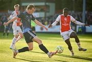 2 May 2025; David Hurley of Galway United in action against Al-Amin Kazeem of St Patrick's Athletic during the SSE Airtricity Men's Premier Division match between St Patrick's Athletic and Galway United at Richmond Park in Dublin. Photo by David Fitzgerald/Sportsfile
